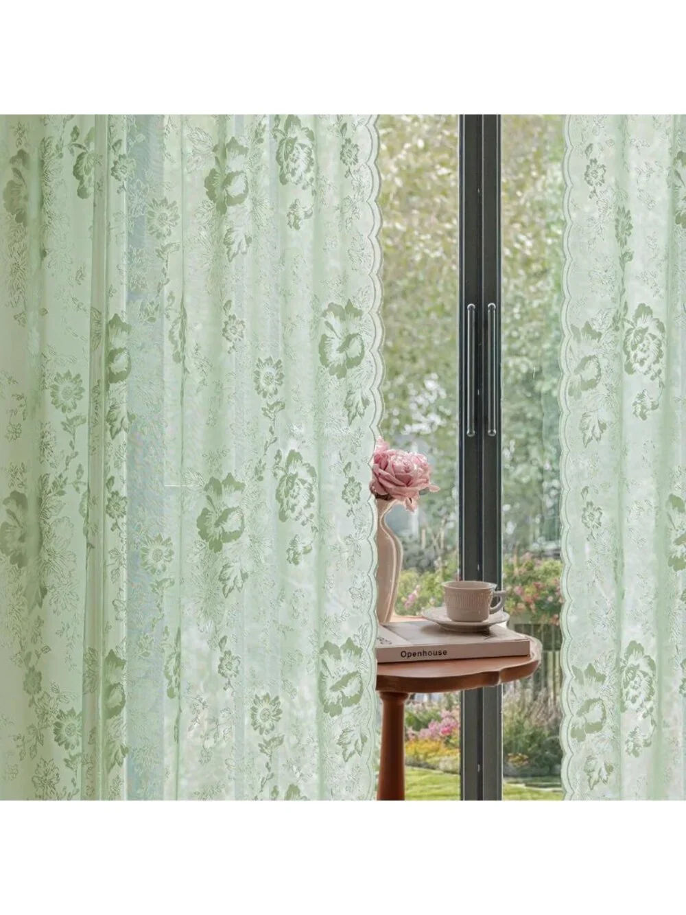 Sage Green Vintage Floral Lace Curtains - 84
